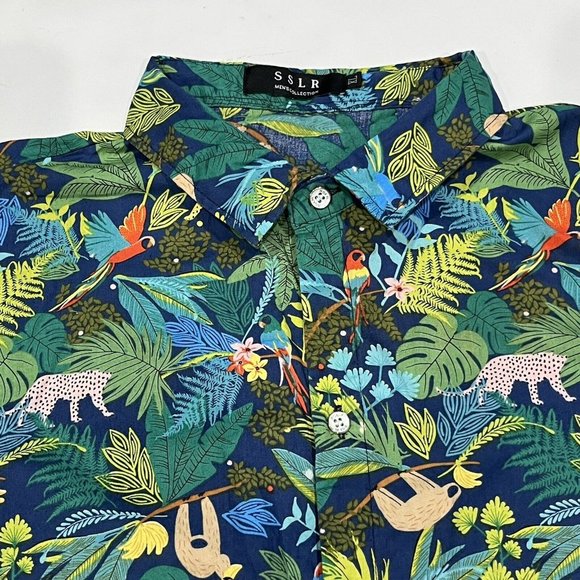 SSLR Bright Tropical Animal Print Bird Leopard Lemur Button Up Shirt Men XL - Picture 10 of 16